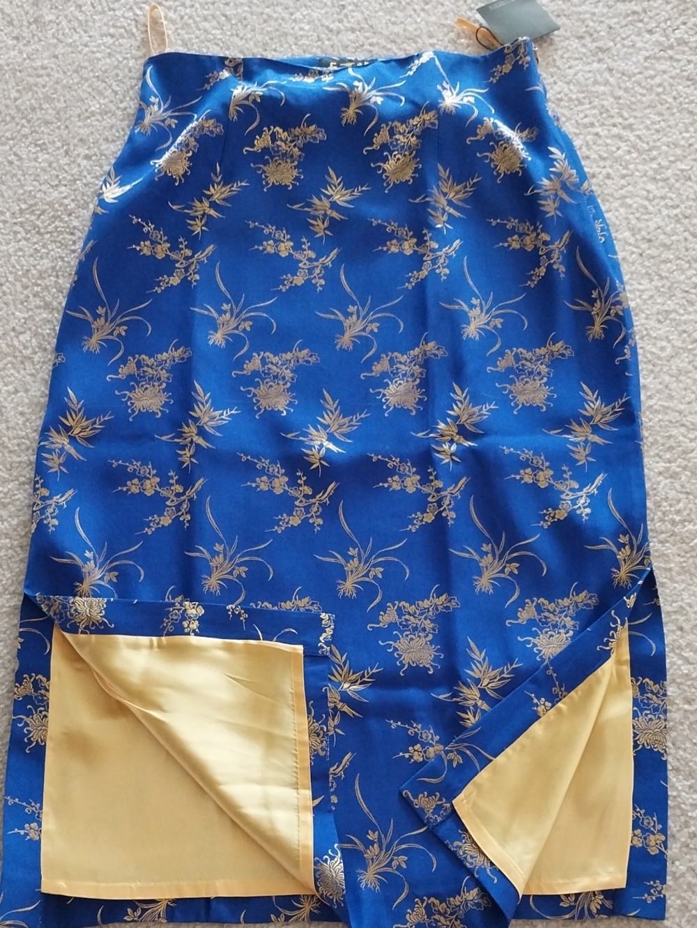Blue & Gold Floral Satin Skirt And Jacket